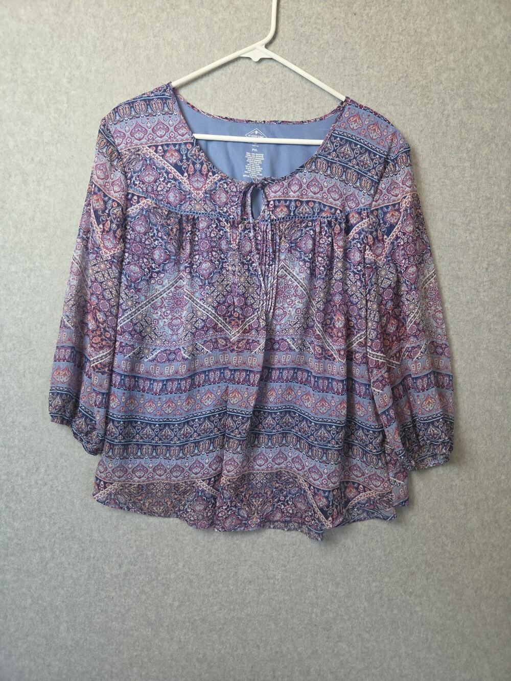 St. Johns Bay Blue Lavender Paisley Lined Split Neck Tassels Top Women's PXL